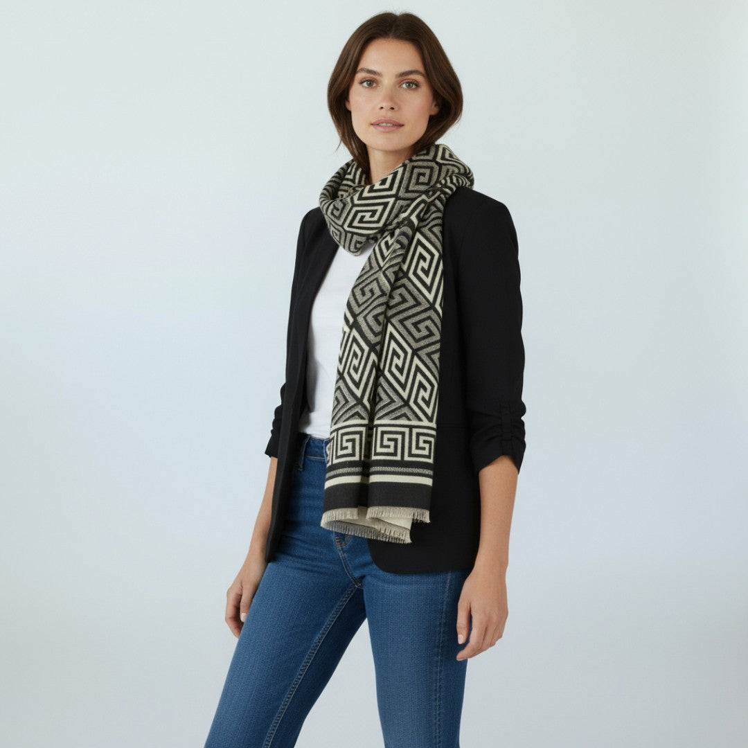 Athena Luxe Sjaal – Zwart & Beige