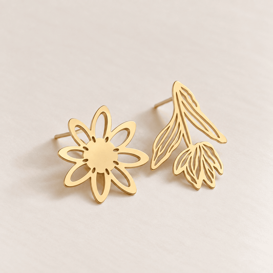 Fiore & Foglia Asimmetrica – 18K goud vergulde asymmetrische oorbellen