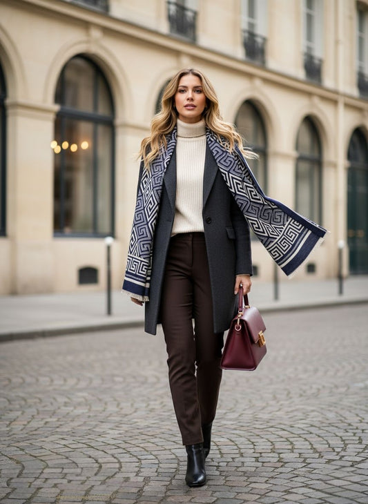 Athena Luxe Sjaal – Blauw & Crème