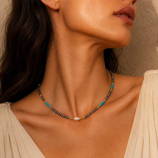 Noir & Turquoise Élancé – Dames Edelsteen Ketting
