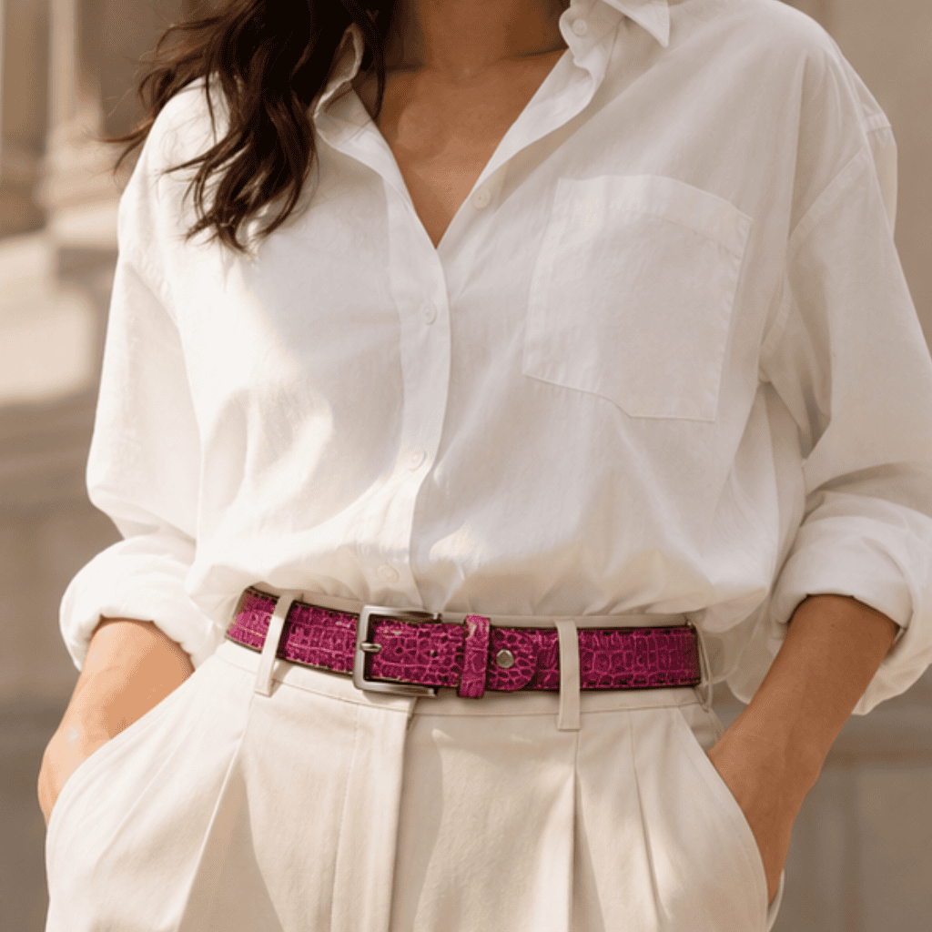 Dames Leren Riem Fuchsia Croco