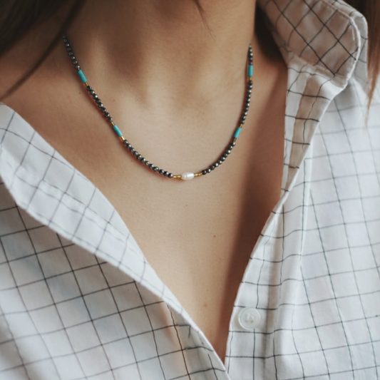 Noir & Turquoise Élancé – Dames Edelsteen Ketting