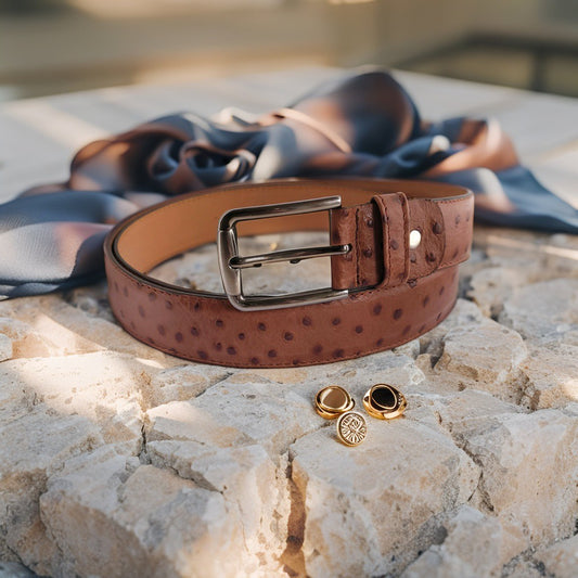 Eleganza Toscana – Unisex Leren Riem Cognac met Struisvogelstructuur
